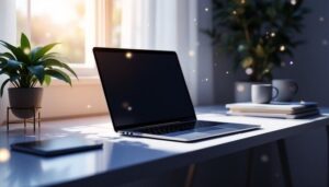 Öppen bärbar dator på ett ljust skrivbord för digitalt kontorsarbete